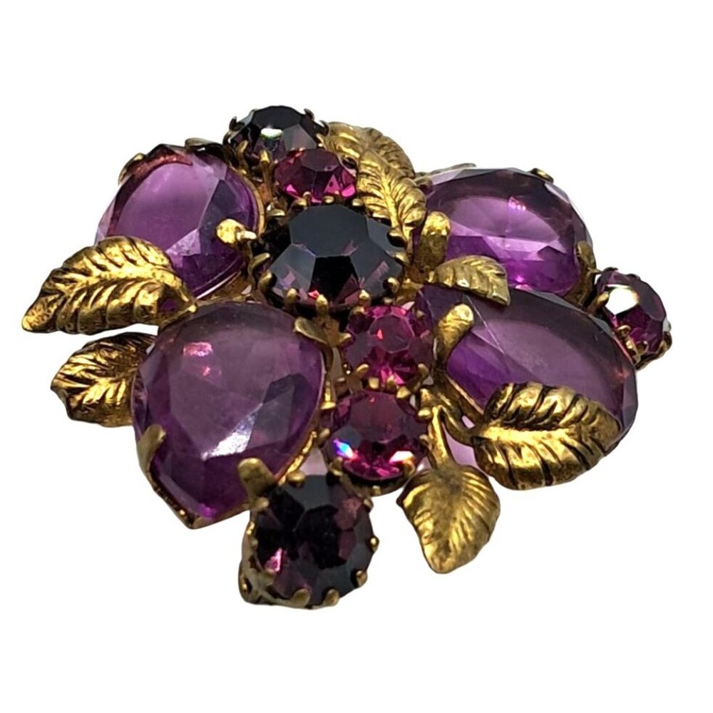 Austria Rhinestone Brooch Pink Purple Gold Tone Leaves Pin Vintage Costume Jewel - Picture 5 of 11